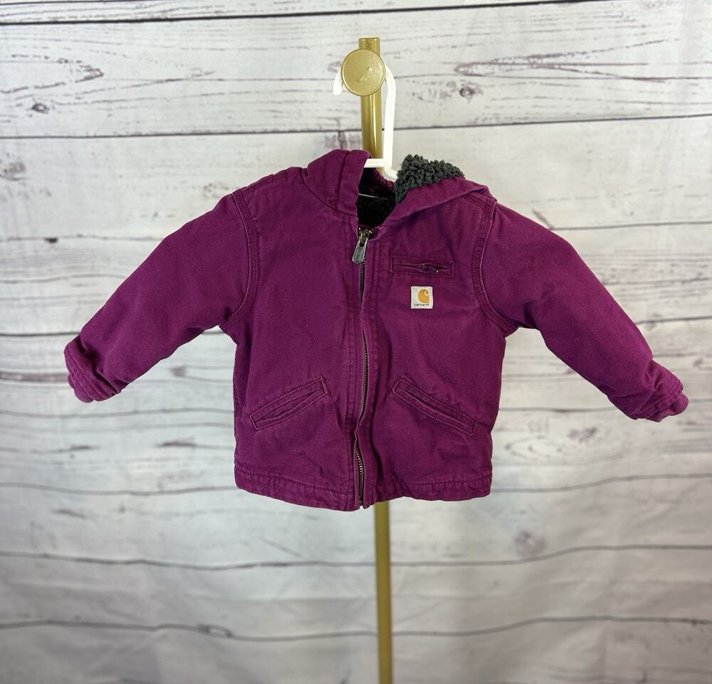 Carhartt Girls Sherpa Lined Sierra Jacket Plum Hooded Canvas Coat 18M
